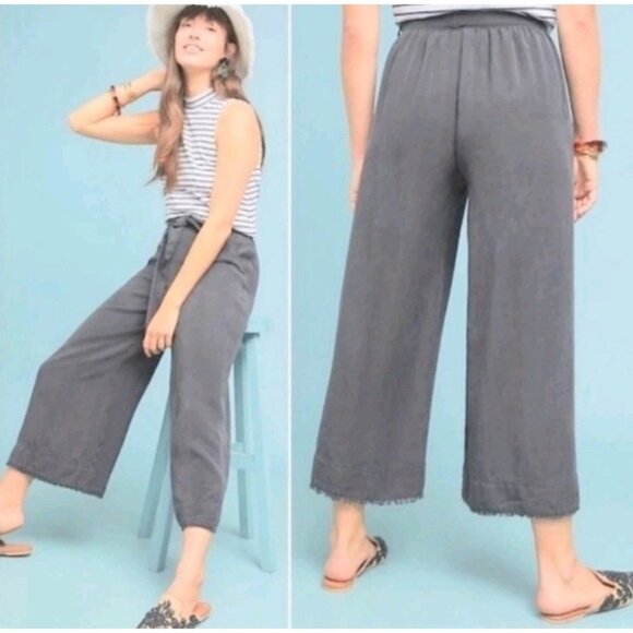 Anthropologie Cloth and Stone Linen Wide Leg Crop Fray Paperbag Pants Grey Sz M - Picture 1 of 7